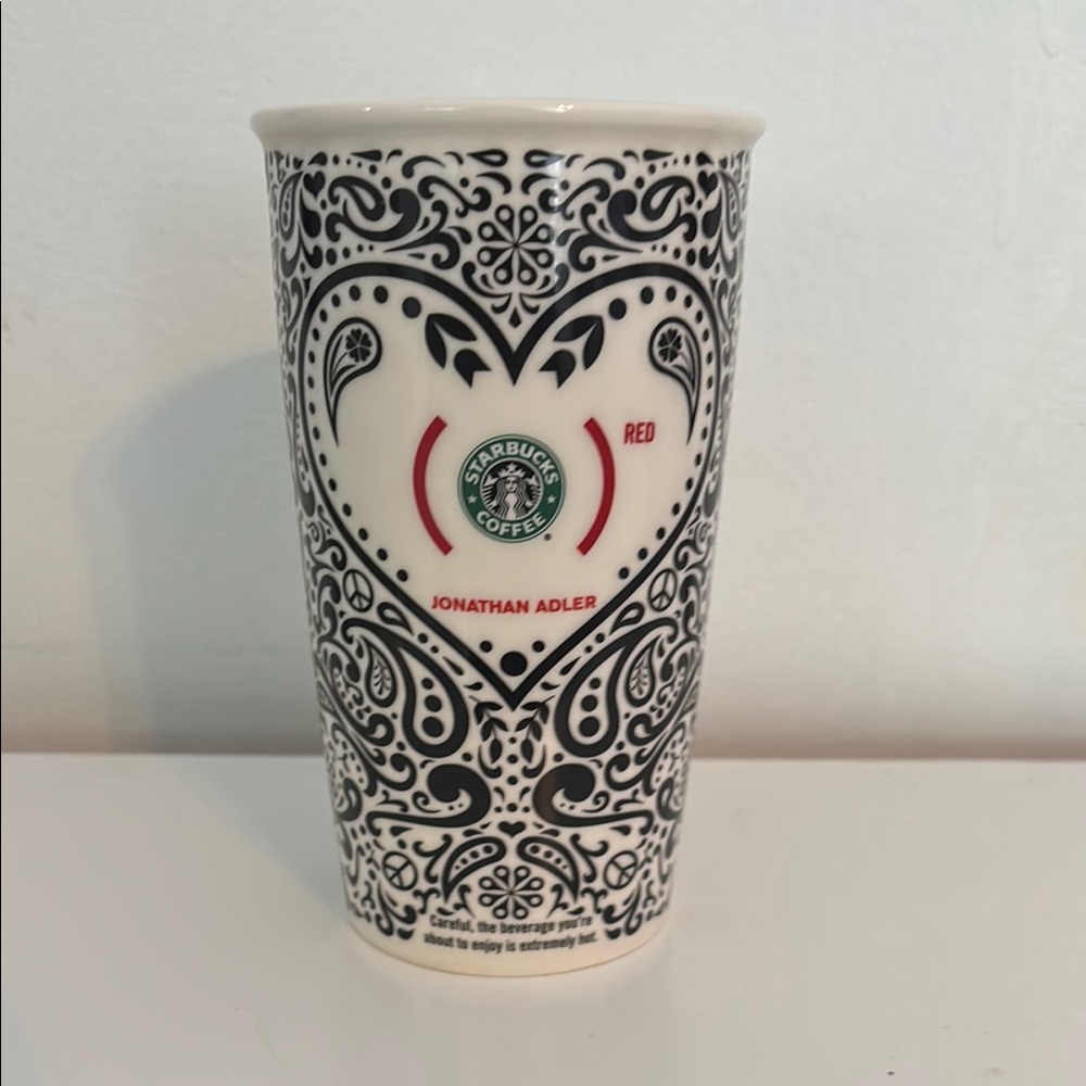 2010 Starbucks Black and White Paisley Ceramic Tumbler with Red Accent